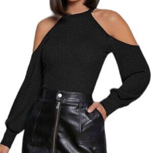 🤑 5/$24 SHEIN Long Sleeve Open Cold Shoulder Black Ribbed Knit Tee